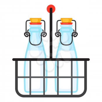 Illustration of milk in bottles. Food item for bars, restaurants and shops. Icon or promotional image.