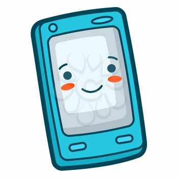 Illustration of mobile phone in cartoon style. Cute funny character. Symbol in comic style.