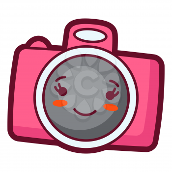 Illustration of photo camera in cartoon style. Cute funny character. Symbol in comic style.