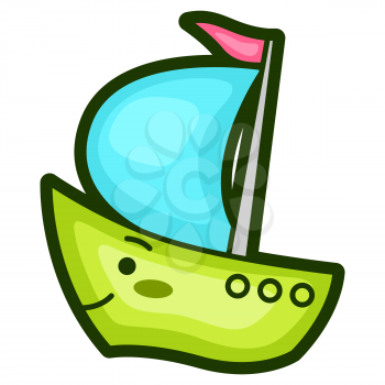 Illustration of ship in cartoon style. Cute funny character. Symbol in comic style.