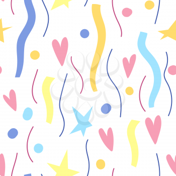 Ceamless pattern with streamers and hearts. Background for Birthday, anniversary and party. Celebration or holiday illustration.