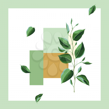 Card or print with branch and green leaves. Spring or summer stylized foliage. Seasonal illustration.