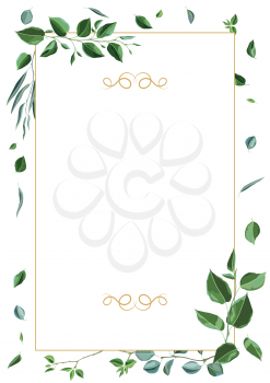 Frame with branches and green leaves. Spring or summer stylized foliage. Seasonal illustration.