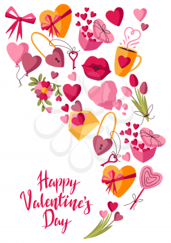 Happy Valentine Day greeting card. Holiday background with romantic items and love symbols.