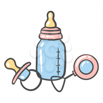 Illustration of bottle, pacifier and rattle. Items for newborn. Happy Birthday image. Holiday baby shower celebration simbols.
