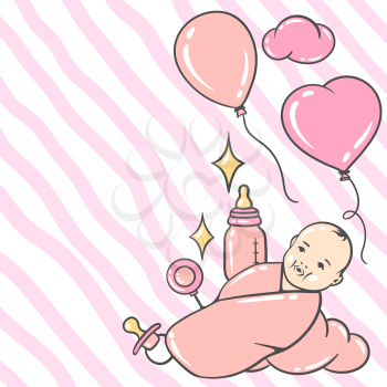 Happy Birthday greeting and invitation card. Holiday baby girl shower celebration simbols and items.