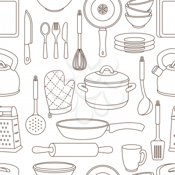 Seamless pattern with kitchen utensils. Cooking equipment for home and restaurant.