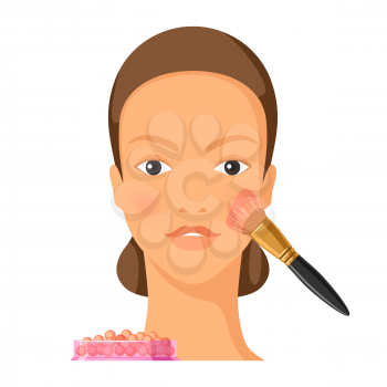Process of applying blush to face. Illustration of beautiful woman with make up. Beauty and fashion image.