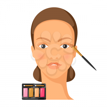 Process of applying eye shadow to face. Illustration of beautiful woman with make up. Beauty and fashion image.