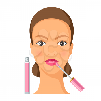 Process of applying lip gloss to face. Illustration of beautiful woman with make up. Beauty and fashion image.
