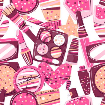 Seamless pattern with cosmetics for skincare and makeup. Illustration for catalog or advertising. Beauty and fashion items.