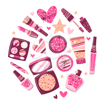 Background with cosmetics for skincare and makeup. Illustration for catalog or advertising. Beauty and fashion items.