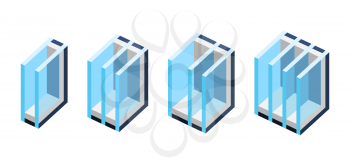 Set of different types double glazed windows. PVC plastic or aluminum metal profile. Image for businesses and construction industry.