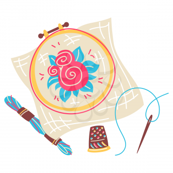 Illustration of embroidery needlework. Handicraft and hand made. Feminine creativity hobby and shopping facilities.