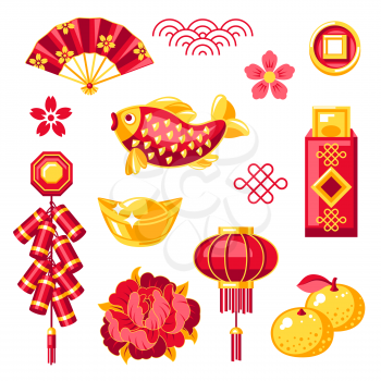 Happy Chinese New Year set. Talismans and holiday decorations. Asian tradition symbols. Wishes of happiness, good luck and wealth.