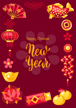 Happy Chinese New Year frame. Background with talismans and holiday decorations. Asian tradition symbols. Wishes of happiness, good luck and wealth.
