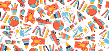 Seamless pattern with various kids toys. Happy childhood symbols. Playing game with friends. Image for shops and kindergartens.