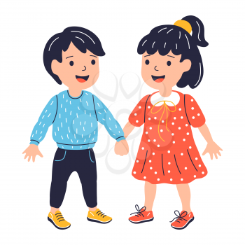 Illustration of standing smiling boy and girl. Children in cartoon style. Image for school and kindergarten. Happy childhood.