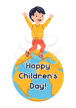Happy children day greeting card. Illustration of jumping on earth smiling boy. Child in cartoon style. Happy childhood.