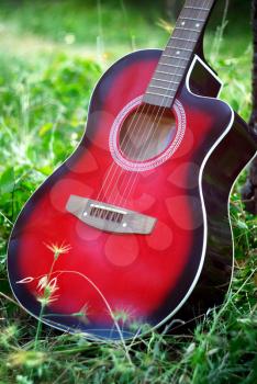 Guitar in forest. Element of design.