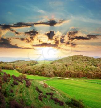 Beautiful sundown in mountain. Composition of nature.