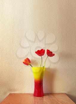 Three tulip in vase. Decoration in room.