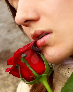 Red rose and girl. Romantic design.