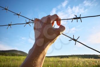 Hand of prison and sky nature background. Conceptual scene.