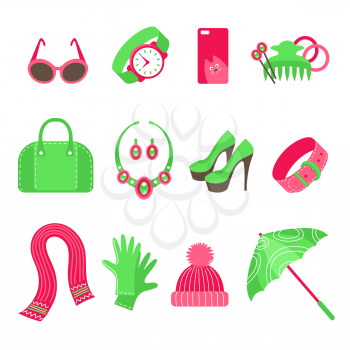 Feminine accessories icons set isolated on white background. Sunglasses, watch, phone cover, hair accessories, handbag, jewelry, shoes, belt, scarf, gloves, hat, umbrella. Flat vector illustration.