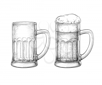 Beer mugs isolated on white background. Hand drawn vector illustration. Retro style.