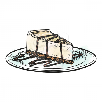 Hand drawn vector illustration of cheesecake. Watercolor background.