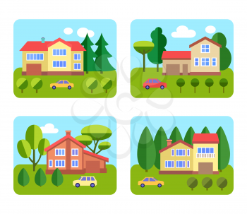 Set of cottages with gardens and cars. Flat style vector illustration.