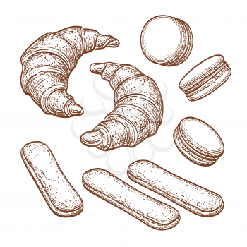 Pastry sweets collection isolated on white background. Sketch set. Hand drawn vector illustration.