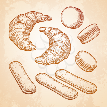 Pastry sweets collection on old paper background. Sketch set. Hand drawn vector illustration.