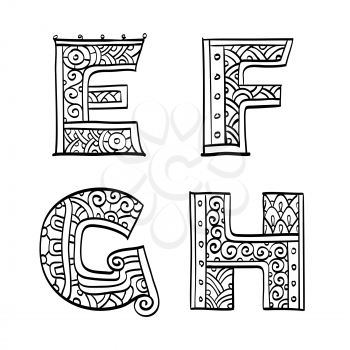 Vintage set of initial letters. Hand drawn vector illustration. Four letters of the ethnic patterned alphabet. E,F,G,H. Isolated on white background.