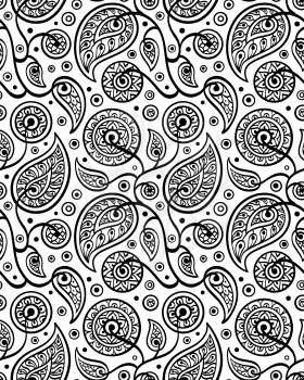Floral seamless pattern in black and white colors. Oriental design element. Boho style vector illustration. 
