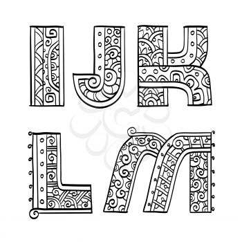 Vintage set of initial letters. Hand drawn vector illustration. Five letters of the ethnic patterned alphabet. I, J, K, L, M. Isolated on white background.