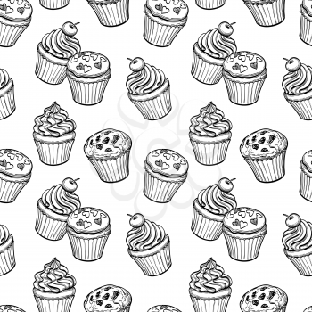 Seamless pattern with muffins and cupcakes. Hand drawn vector illustration.