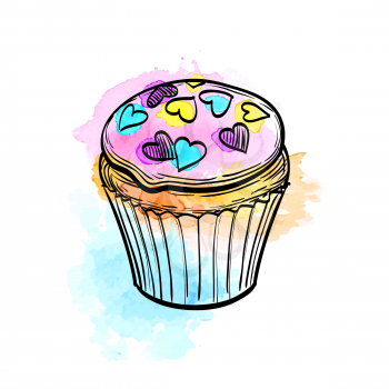 Hand drawn vector illustration of muffin with icing. Watercolor background. Isolated on white. 