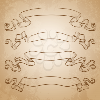 Set of banners. Vintage ribbons on old paper background. Hand drawn vector illustration.