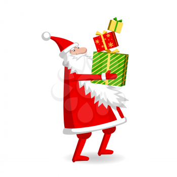 Santa Claus with gift boxes. Vector illustration of character isolated on white background.