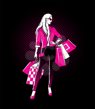 Women with shopping bags on black and halftone background. Comic style.