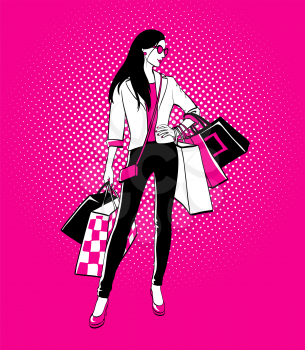 Women with shopping bags. Halftone background. Comic style.