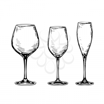 Sketch set of empty glasses. Red wine, white wine and champagne. Isolated on white background. Hand drawn vector illustration. Retro style.