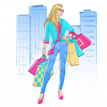 Women with shopping bags on city background. Vector illustration.