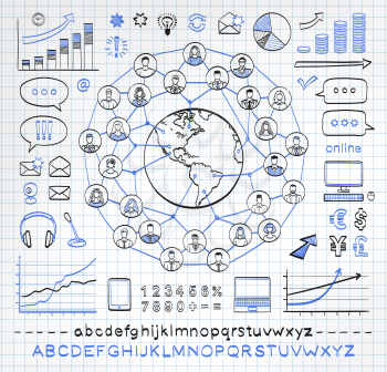 Business doodle concept on paper background. Connecting people. Global business. Vector hand drawn sketch icons in black and orange colors. Hand drawn letters of alphabet and numbers.