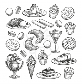 Sketch set of dessert. Pastry sweets collection isolated on white background. Hand drawn vector illustration. Retro style.
