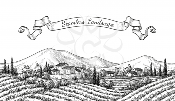 Vineyard seamless landscape. Vine sketch isolated on white. Hand drawn  illustration.