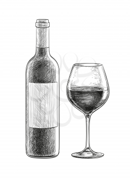 Red wine. bottle and glass Isolated on white background. Hand drawn vector illustration. Retro style.