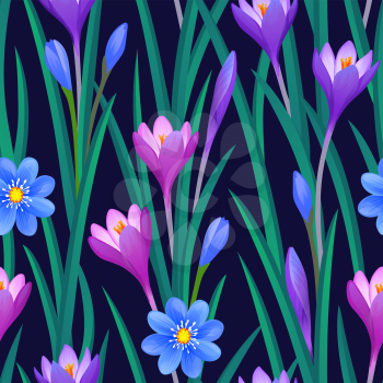 Floral seamless pattern with crocuses. Vector illustration of grass and flowers. Spring and summer background.
